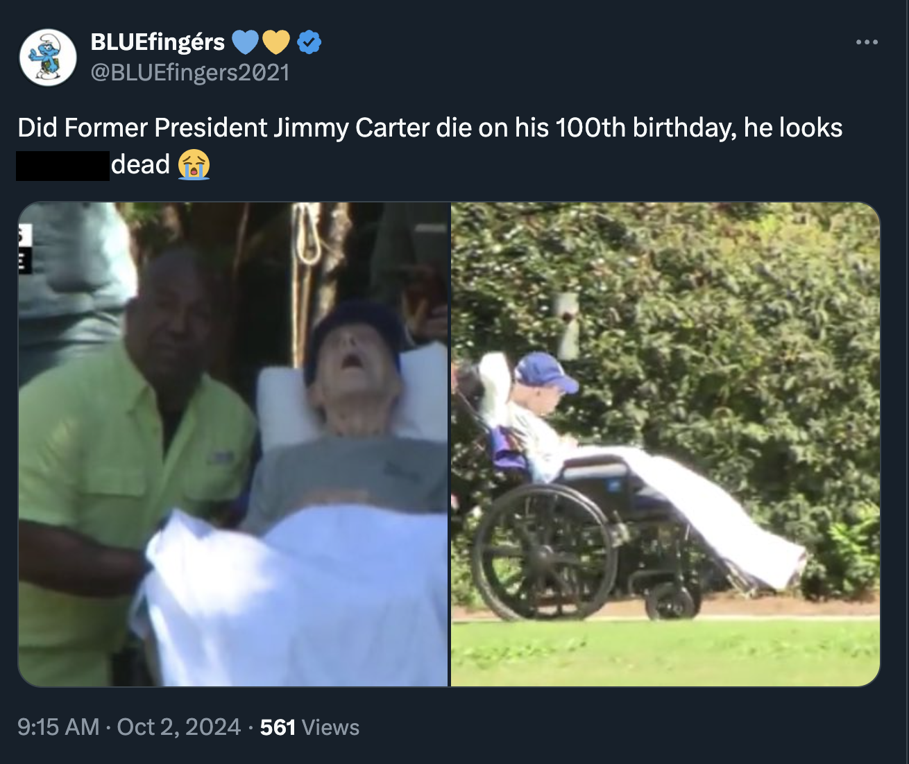 screenshot - BLUEfingers Did Former President Jimmy Carter die on his 100th birthday, he looks dead 561 Views